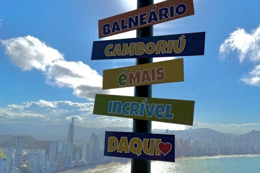 A signpost with multiple destination names against a cityscape backdrop. 5