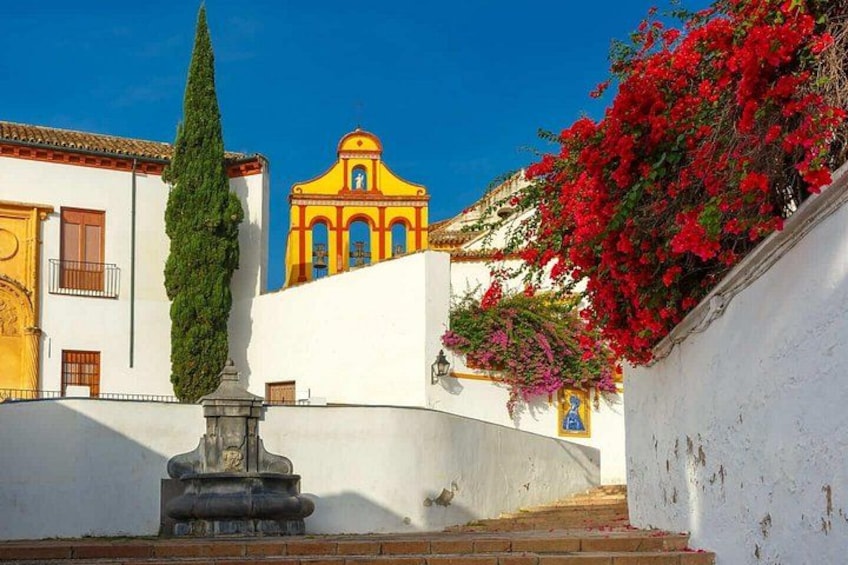 Un edificio blanco de fachada amarilla, un alto ciprés verde y flores rojas. 4
