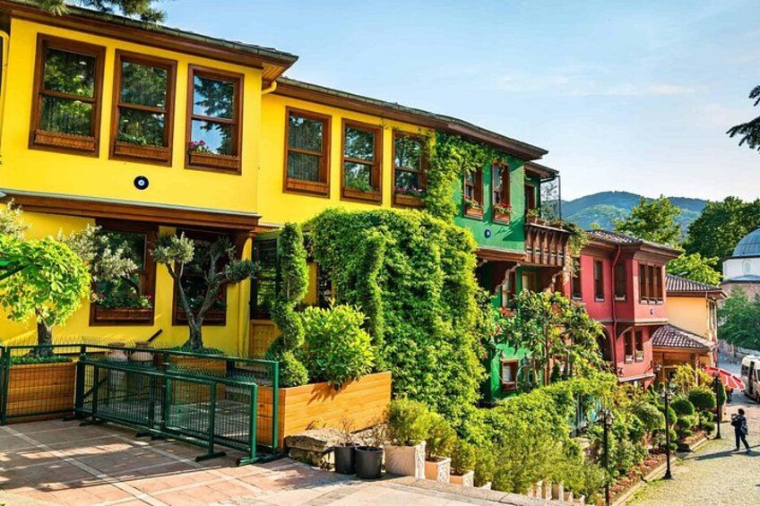 A colorful building with green ivy, a wooden bench, and a small garden. 4