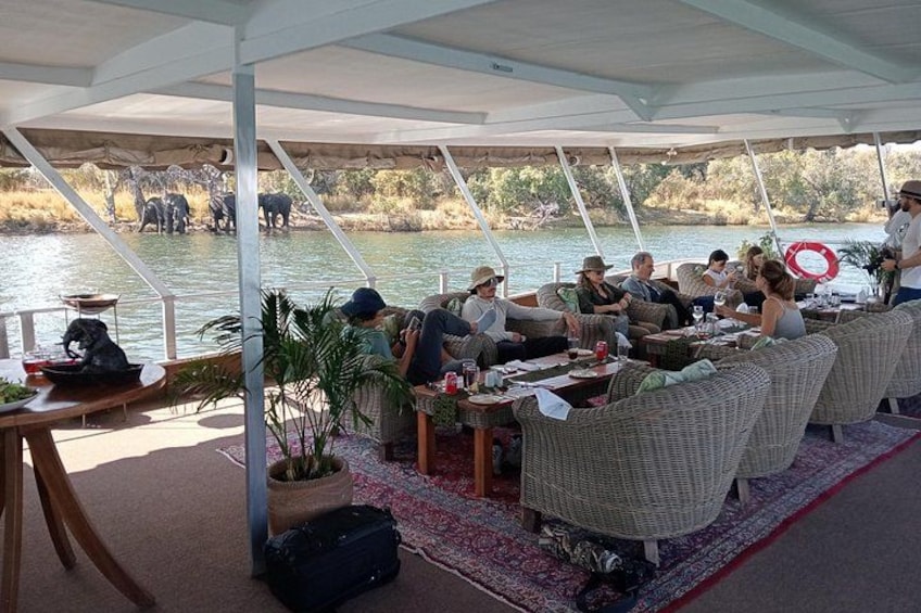 A group of people seated on wicker furniture under a canopy, overlooking a body of water with elephants in the background. 1