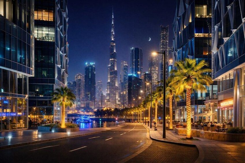A nighttime cityscape with the Burj Khalifa, palm trees, and illuminated buildings. 1