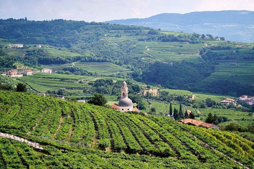 Terraced vineyards, a church with a dome, and rolling hills in the background. 4