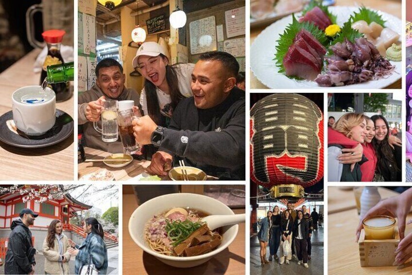 Diversos platos de comida, un farol japonés tradicional y gente disfrutando de una comida. 1