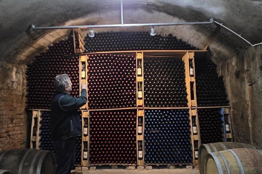 A person inspecting a wine rack in a cellar. 1