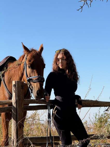 A person leaning on a wooden fence with a brown horse beside them. 1