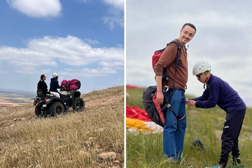 Due persone su una collina erbosa, una su un quad e l'altra che si prepara per un'escursione. 5