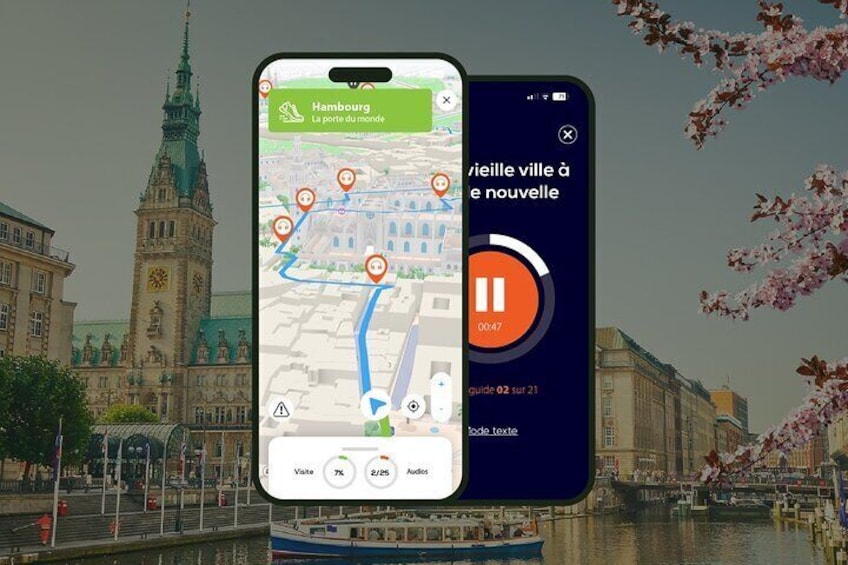 Un teléfono inteligente mostrando un mapa de Hamburgo con una ruta marcada. 1