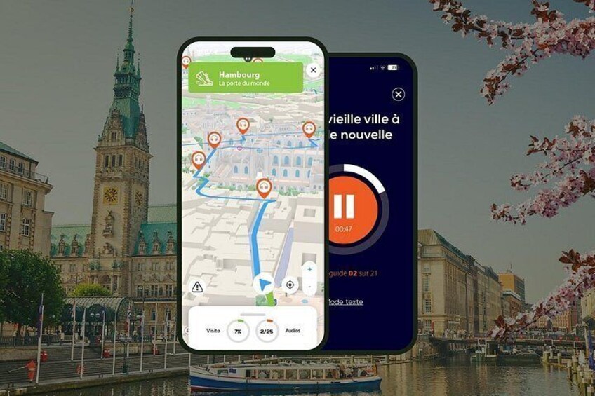 A smartphone displaying a map with a location marker, a music player interface, and a background of a historic building and a river. 1