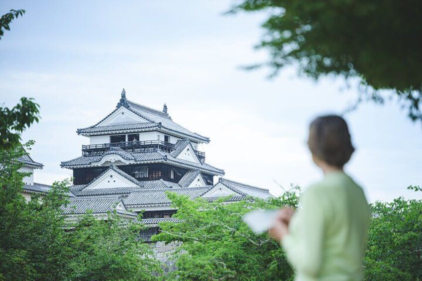 Castillo japonés tradicional con varios niveles y una persona sosteniendo una cámara. 1