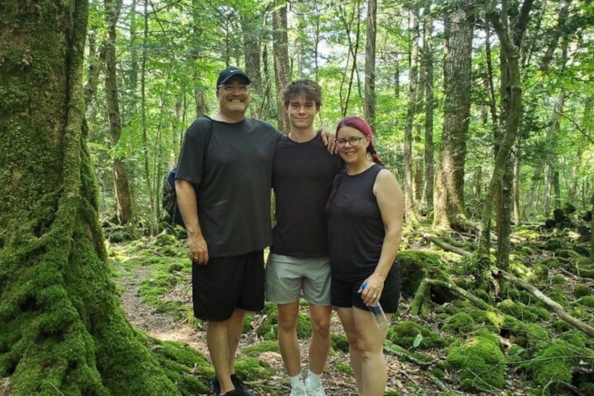Three people standing in a forest with moss-covered trees and a forest floor covered in green foliage. 3