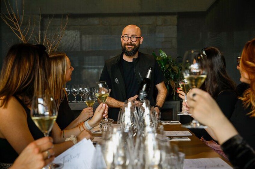 A group of people seated around a table with wine glasses, a man standing in the center, and a plant in the background. 3