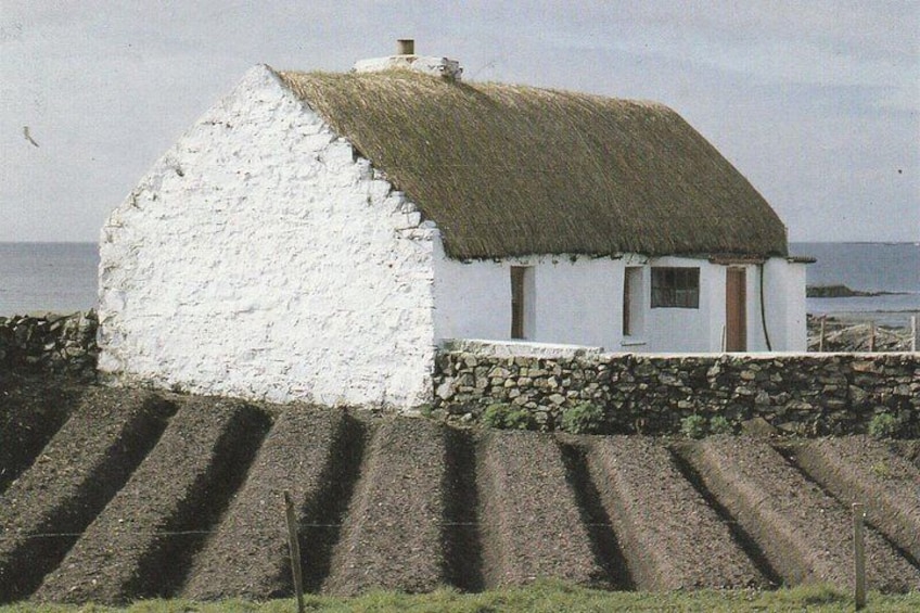 A white house with a thatched roof, a stone wall, and a view of the sea. 2