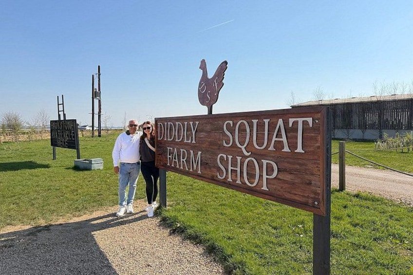 A wooden sign for Diddly Squat Farm Shop with a rooster emblem. 1