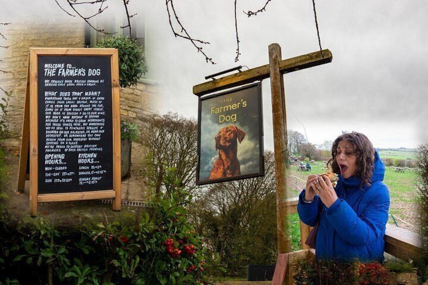 A person in a blue jacket standing next to a wooden signboard with a dog illustration and text. 3