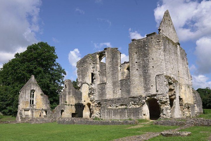 A historic stone castle with ruins, including a large tower and smaller structures. 4