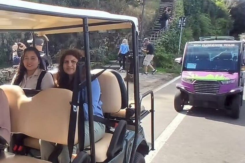Ein Golfwagen mit zwei Personen, ein lila Reisebus und Fußgänger auf einer Straße. 2