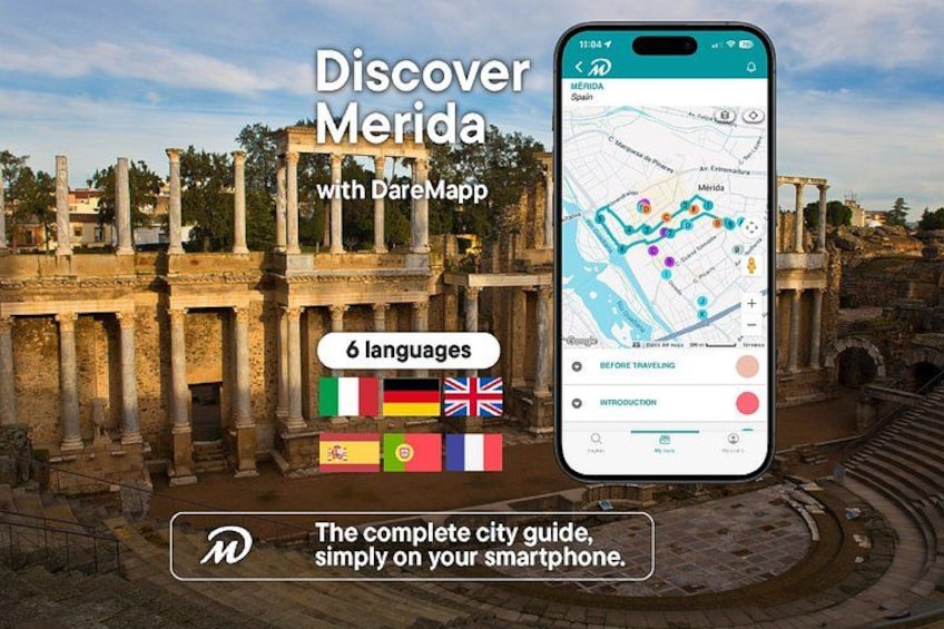 A smartphone displaying a map with the city of Mérida highlighted, surrounded by ancient ruins. 1