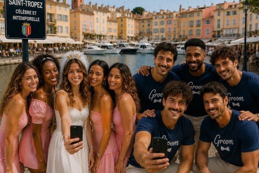 A group of people in Saint Tropez, with a sign reading 'SAINT-TROPEZ CÉLEBRE ET INTEMPORELLE' and a waterfront background. 2