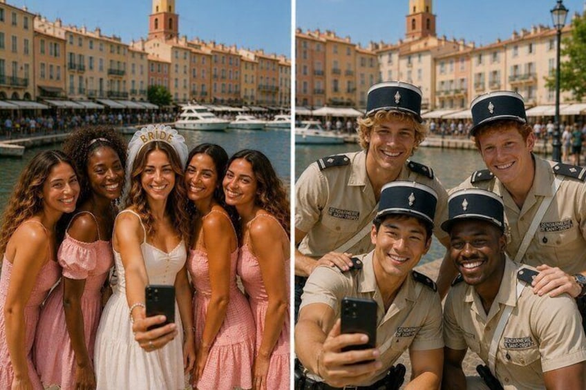 A group of people in a city setting with buildings and a body of water in the background. 1