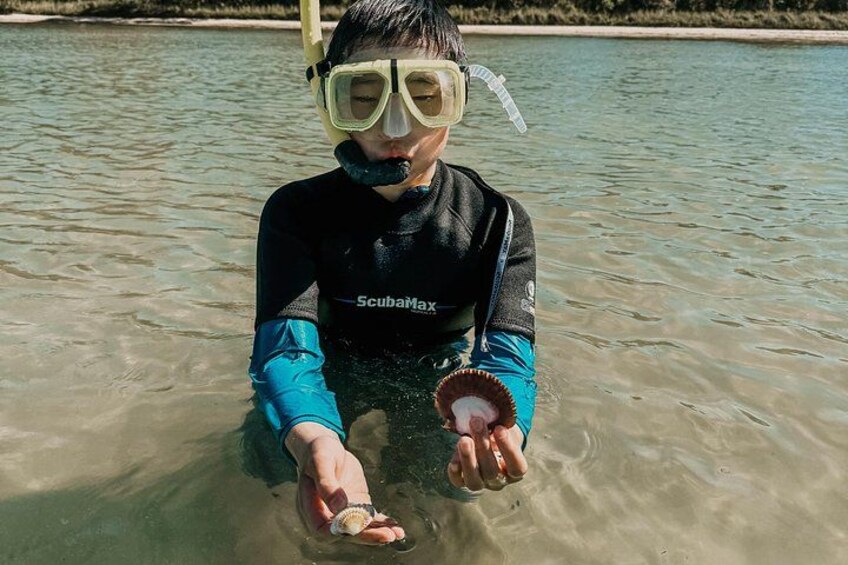 A person in a wetsuit holding a seashell. 5