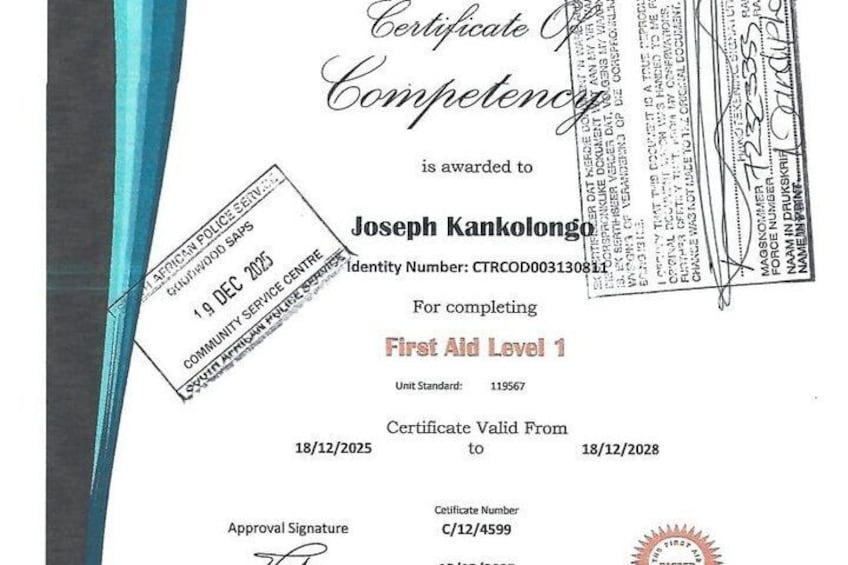 A certificate of competence for First Aid Level 1. 4