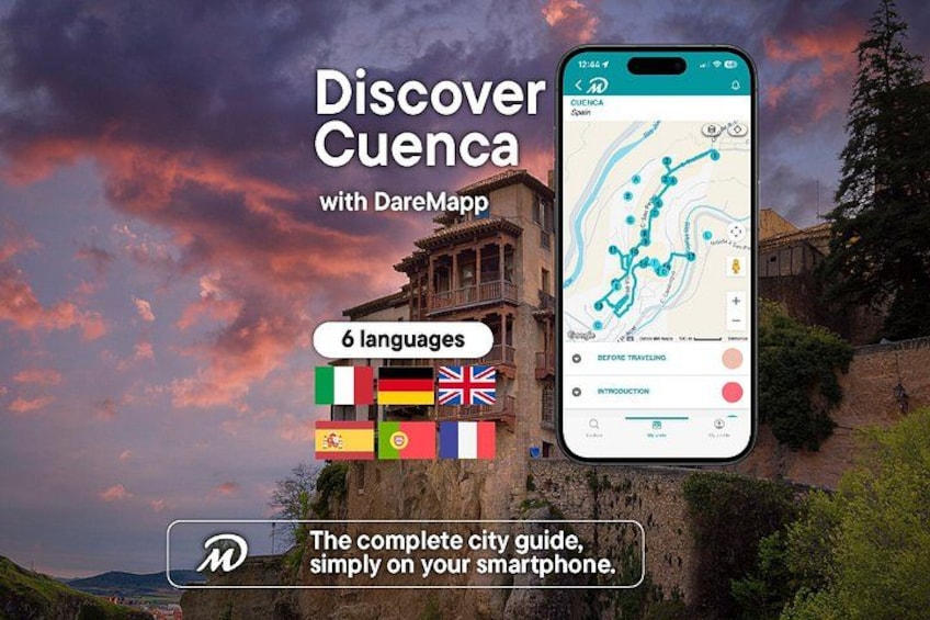 Ein Smartphone zeigt eine Karte mit dem Text 'Discover Cuenca with DareMapp' und Flaggen von sechs Sprachen. 1