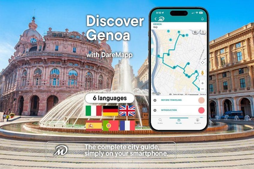 Un teléfono inteligente muestra un mapa con guía turística, rodeado por un edificio histórico y una fuente. 1