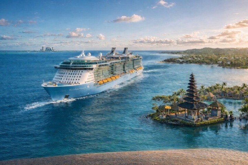 A large cruise ship sailing near a tropical island with a traditional pagoda. 2