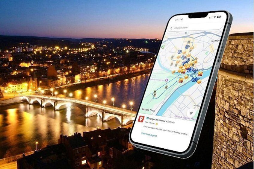 Un teléfono inteligente mostrando un mapa con un puente y un río. 1