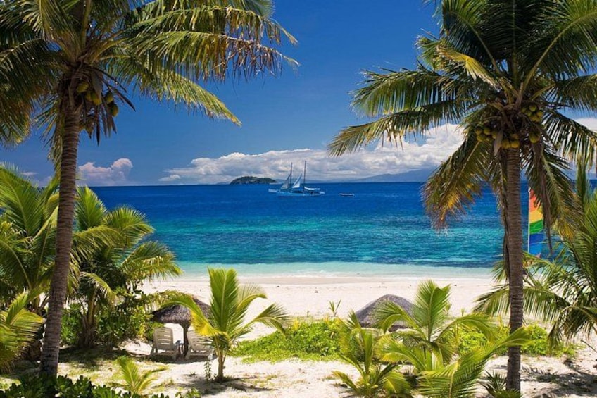 Een strand met palmbomen, een heldere blauwe zee en een zeilboot in de verte. 1