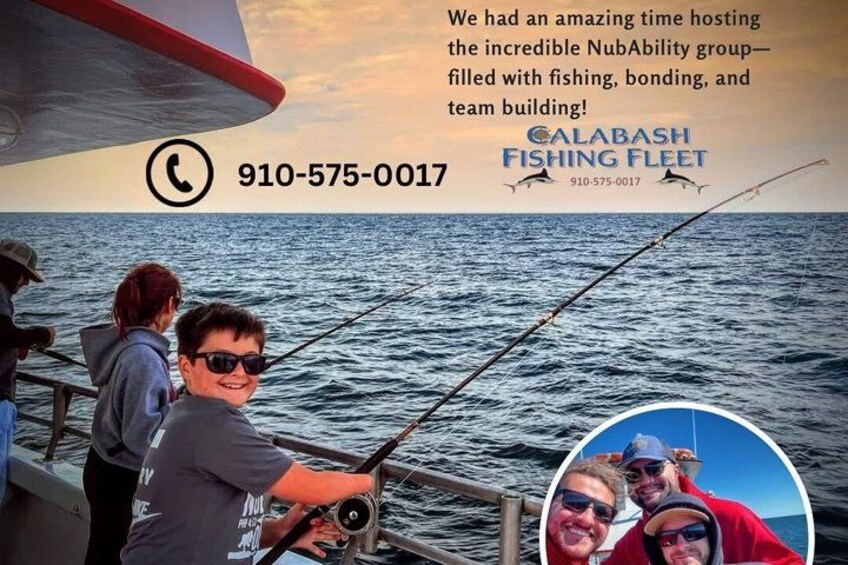A boat with people fishing, a phone number, and a logo for Calabash Fishing Fleet. 4