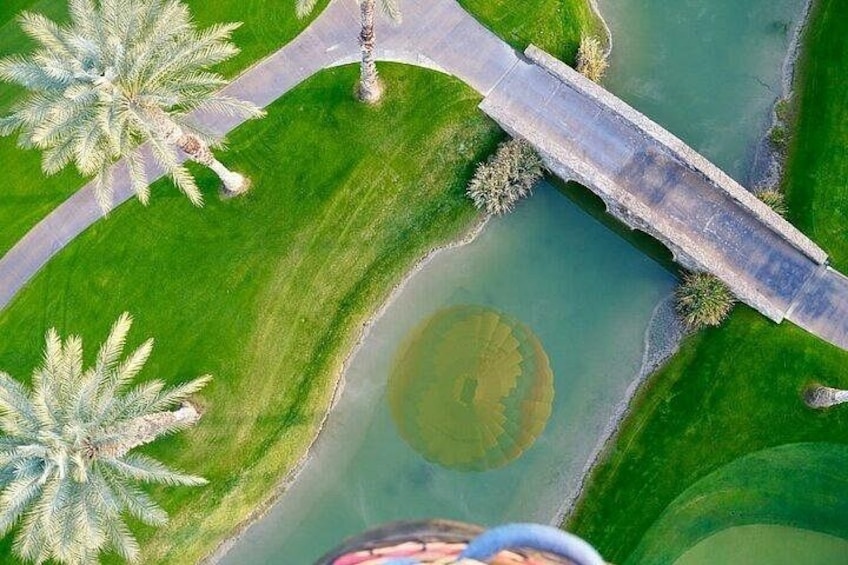 Een brug over een rivier met groene oevers en palmbomen. 2