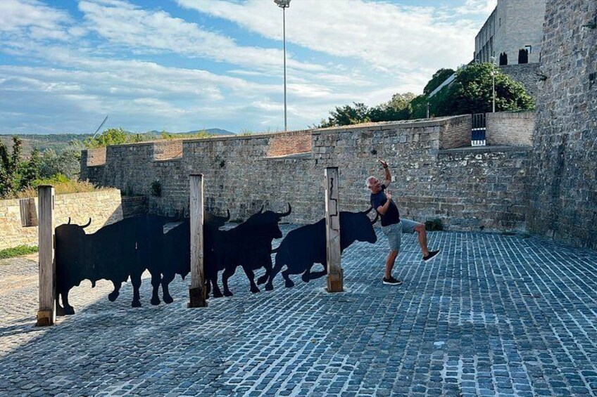 A person interacting with a bull sculpture on a cobblestone path near a stone wall. 5