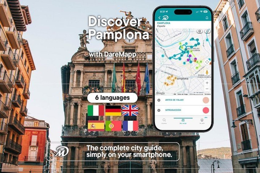 A smartphone displaying a map with the text 'Discover Pamplona with DareMapd' and flags of 6 languages. 1
