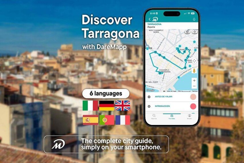 A smartphone displaying a map of Tarragona with city landmarks, surrounded by a cityscape. 1