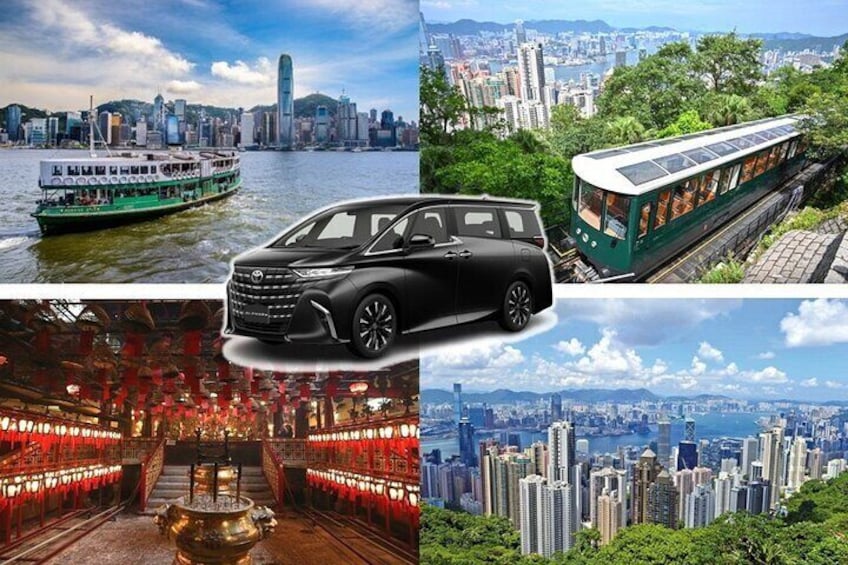 A cityscape with a boat, a train, a car, and a traditional building. 1