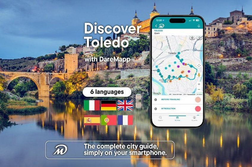 Een smartphone toont een kaart van Toledo, met bezienswaardigheden, omgeven door een pittoreske rivier en historische architectuur. 1