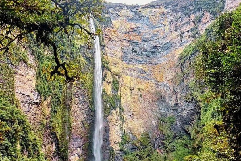 Een waterval stort neer over een steile, rotsachtige klif, omgeven door weelderige begroeiing. 3