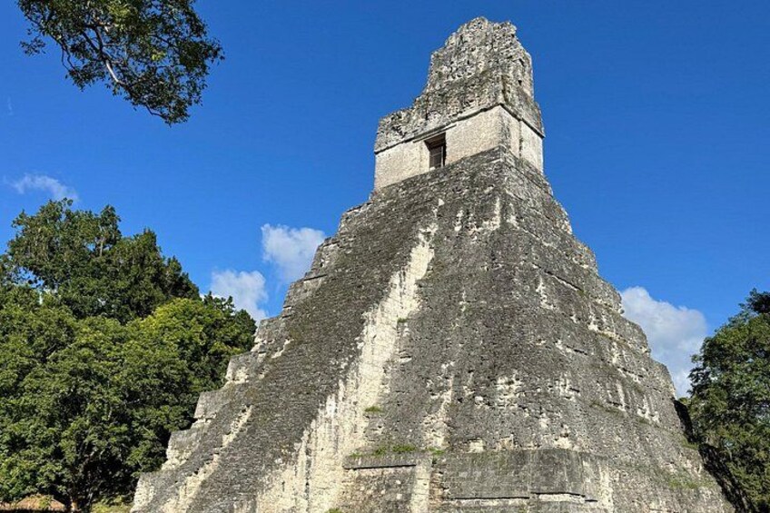 A large ancient pyramid with a temple on top, surrounded by dense green trees. 2
