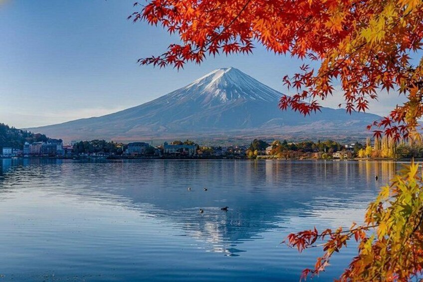 A lake with a mountain in the background, autumn leaves, and a clear sky. 4