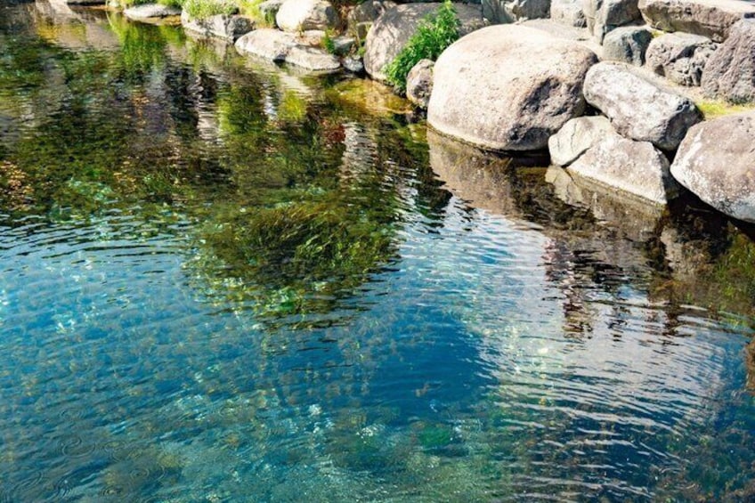 Un étang aux eaux claires, bordé de rochers et de végétation. 3
