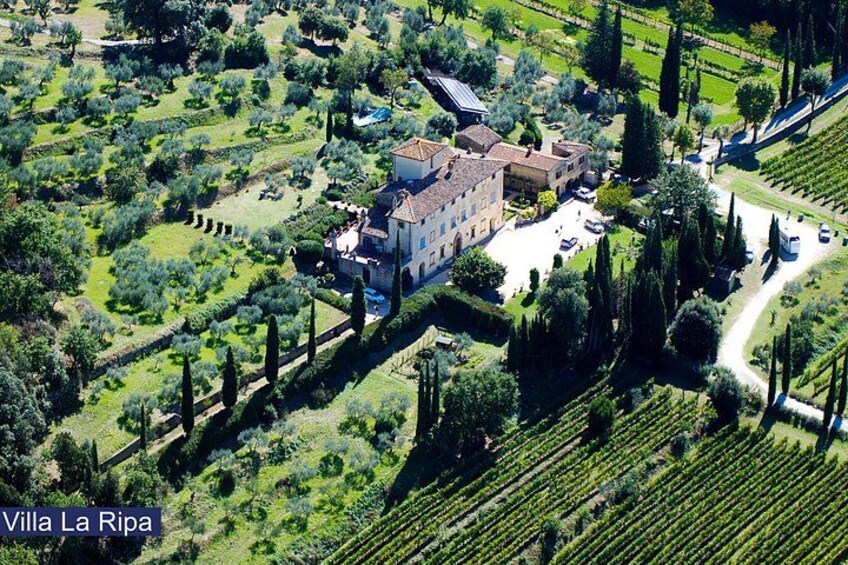 Villa La Ripetta, una extensa propiedad con jardines en terrazas, un edificio central y viñedos circundantes. 4