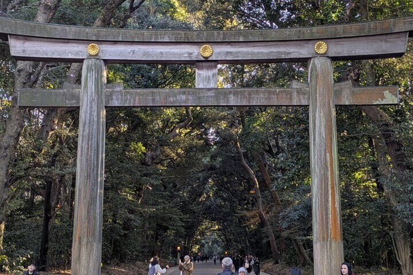 A traditional Japanese torii gate in a forested area with people walking around. 1