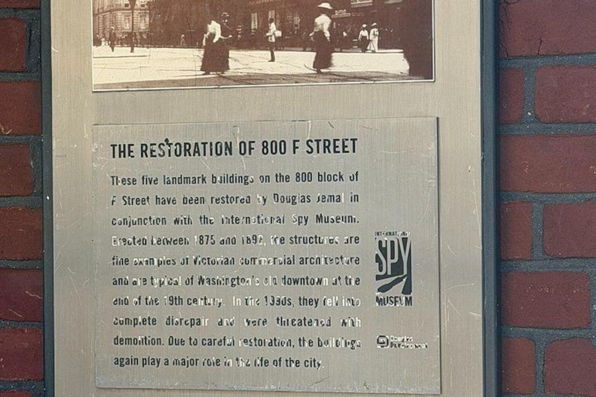 A historical plaque about the restoration of 800 F Street buildings. 5