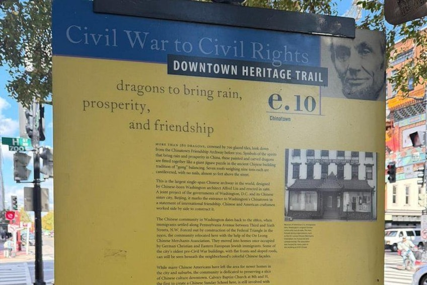 A historical marker titled 'Civil War to Civil Rights' with information about Chinatown's history and cultural significance. 2