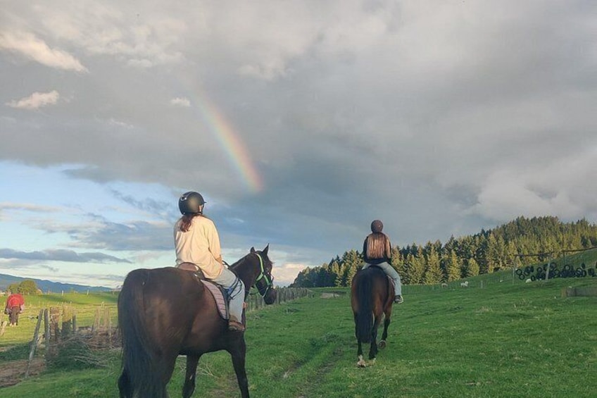 Two people riding horses on a grassy field with a rainbow in the sky. 4