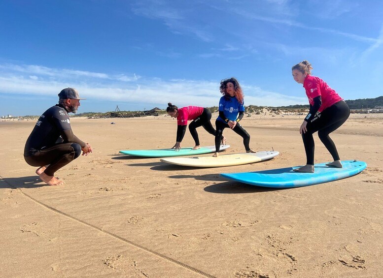 Four people on surfboards on a sandy beach. 1