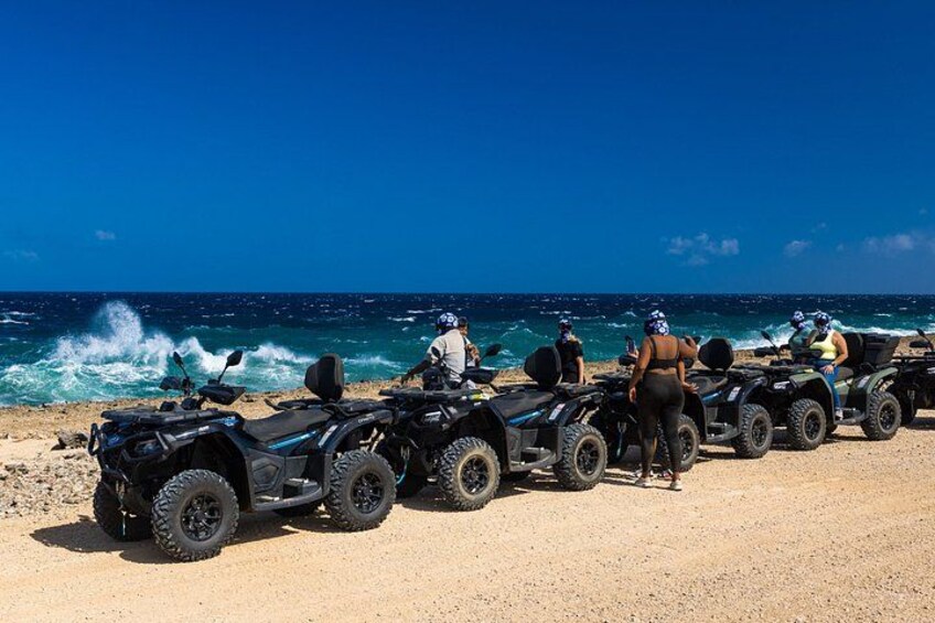 Un groupe de véhicules tout-terrain est garé sur une plage, avec l’océan en arrière-plan. 2