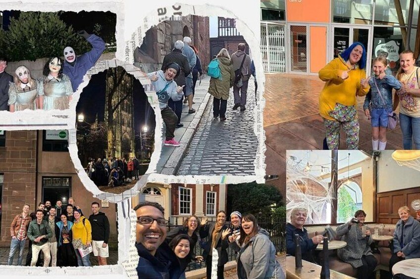 A collage of various scenes including a group of people on a cobblestone path, a person in a yellow jacket, and a building with a sign. 5