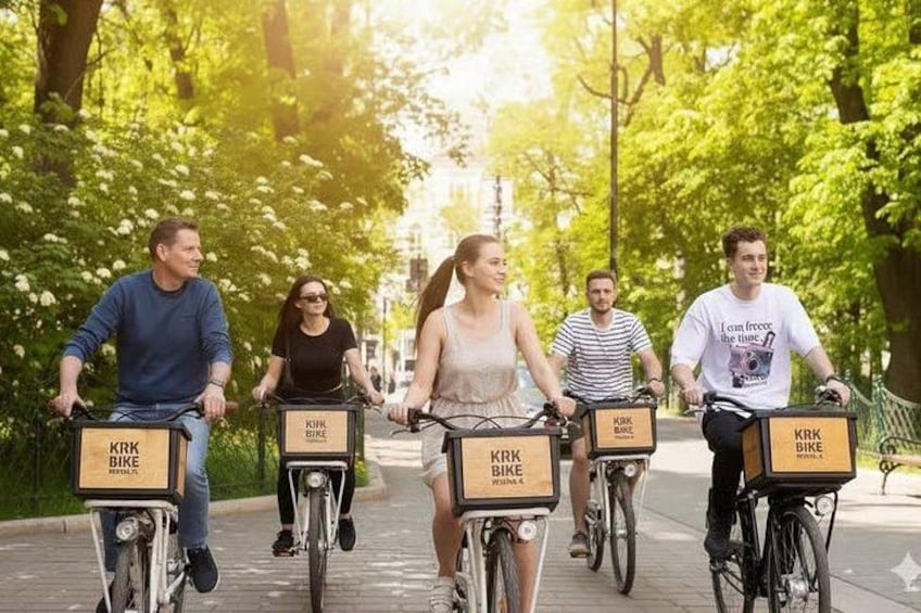 A group of people riding bicycles on a tree-lined path. 4